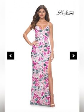 La Femme Pink and Green Floral Sequin Evening Gown with Slit